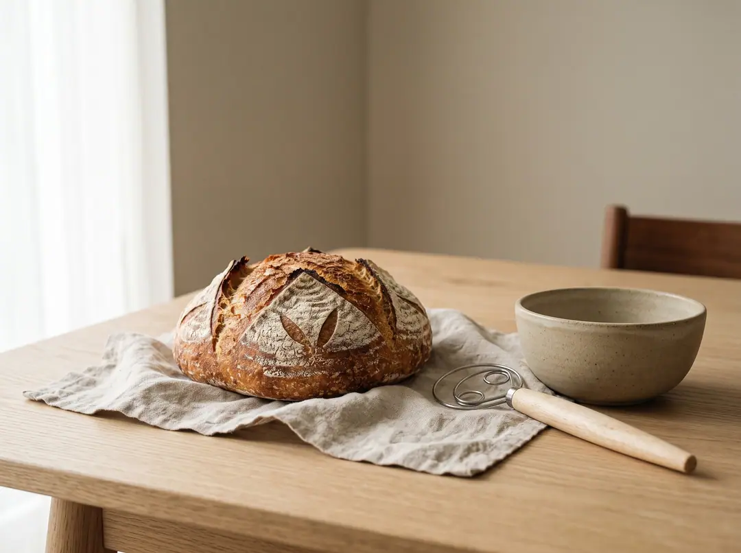 Et surdeigsbrød på et kjøkkenbord